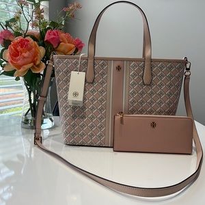 🌸Tory Burch GEO Mini Top Zip Tote In Dusted Blush With Matching Wallet🌸